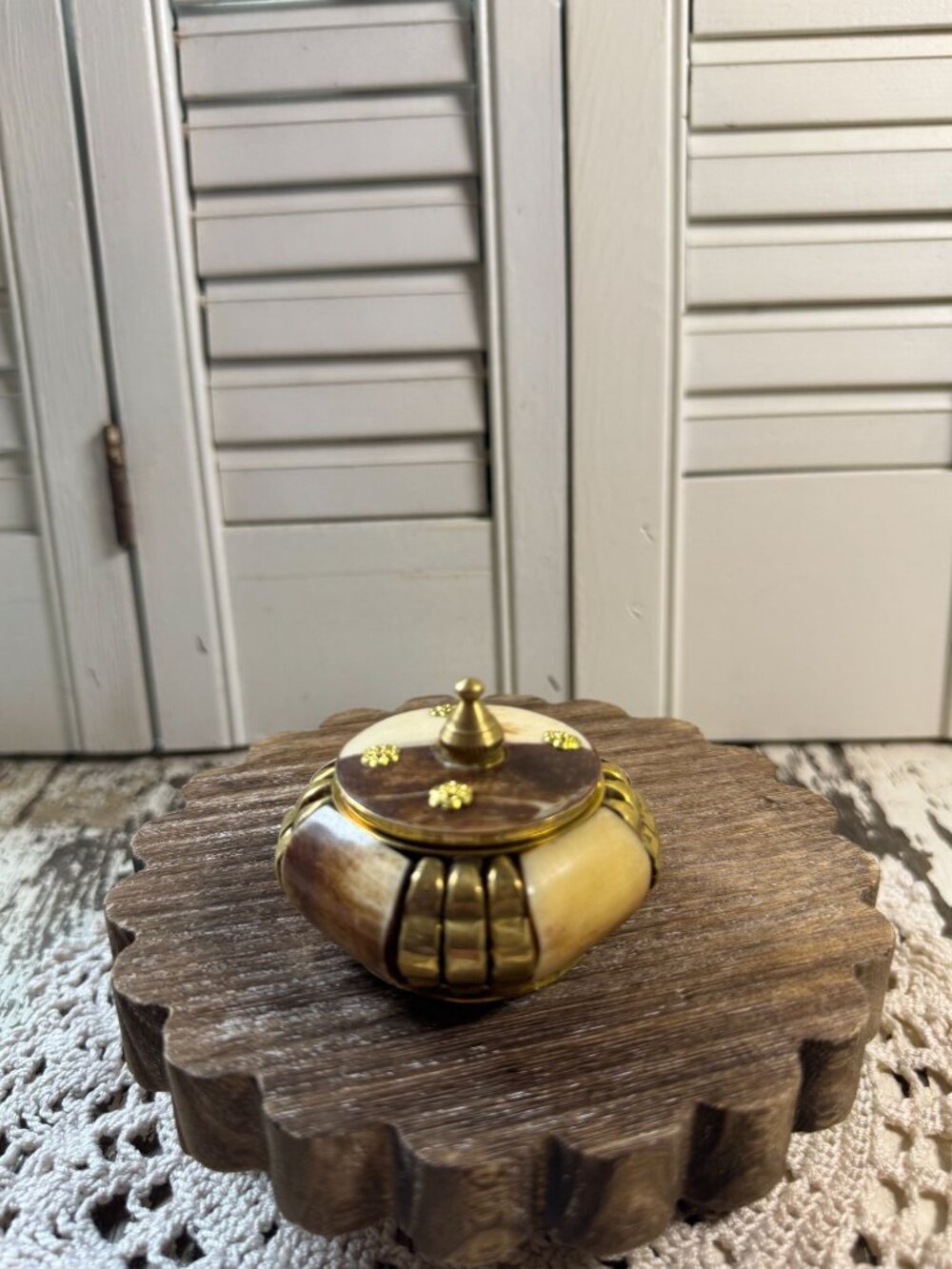 Vintage India Bone Brass Trinket Box Floral Lidded Jewelry Keepsake